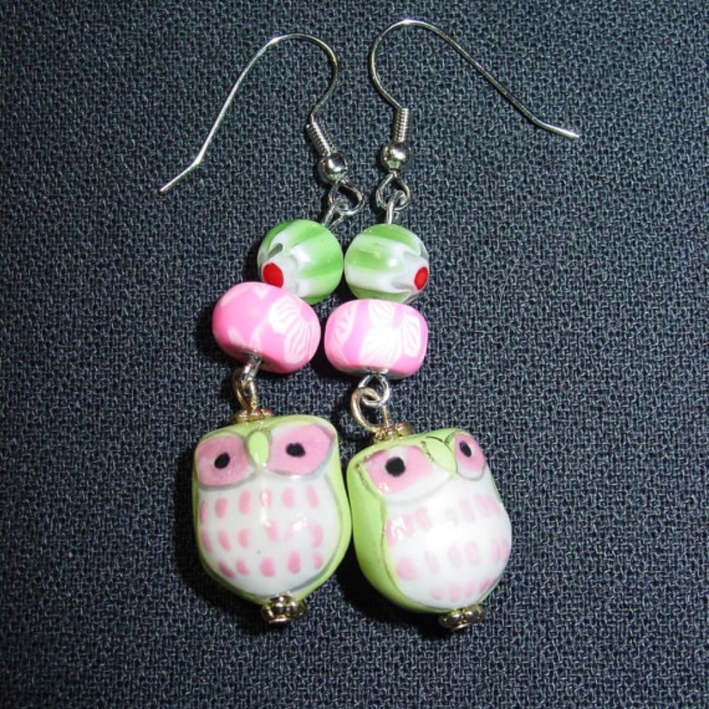 Little Pink and Green Owls Handmade Earrings